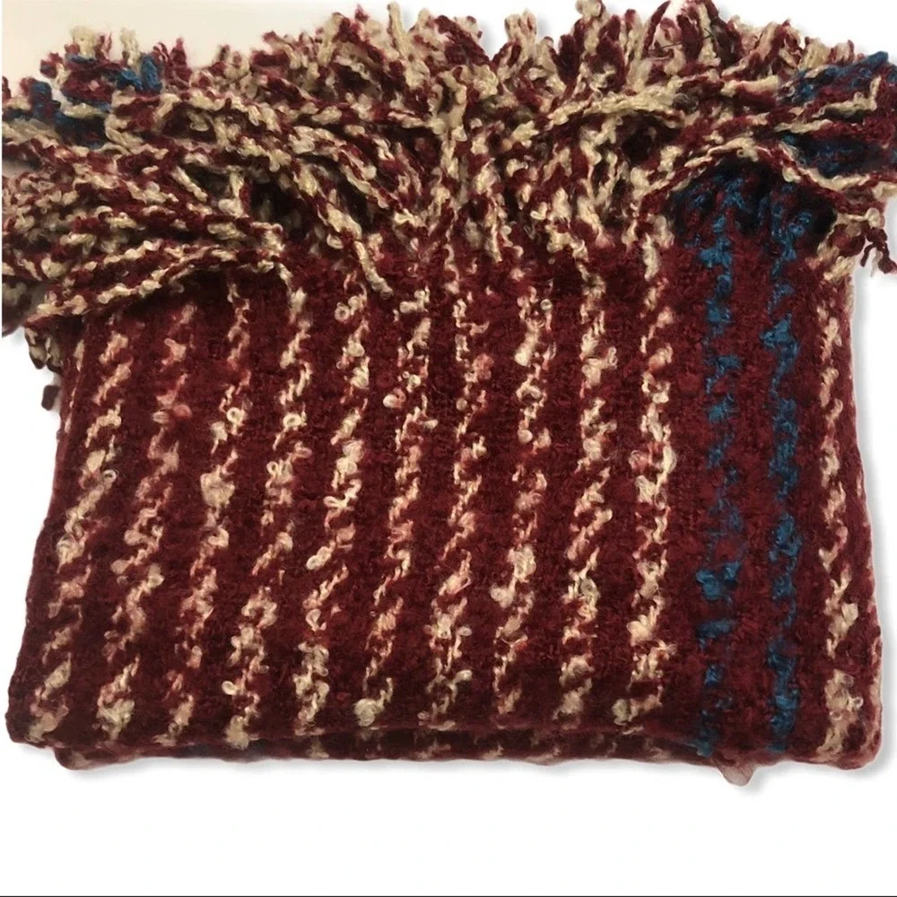 Unique Infinity Scarf Neck Warmer Multi Red Striped Fringe Cowlneck Rustic Wrap‎